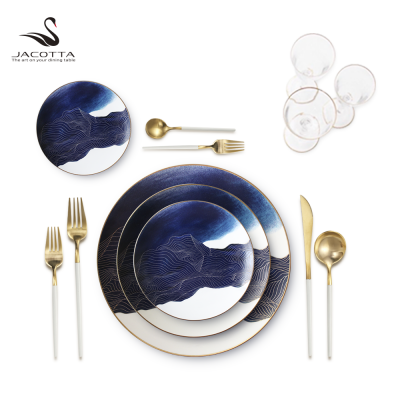 chinaware brands Blue Bone China Gold Rim Dinner Plates Set for Wedding